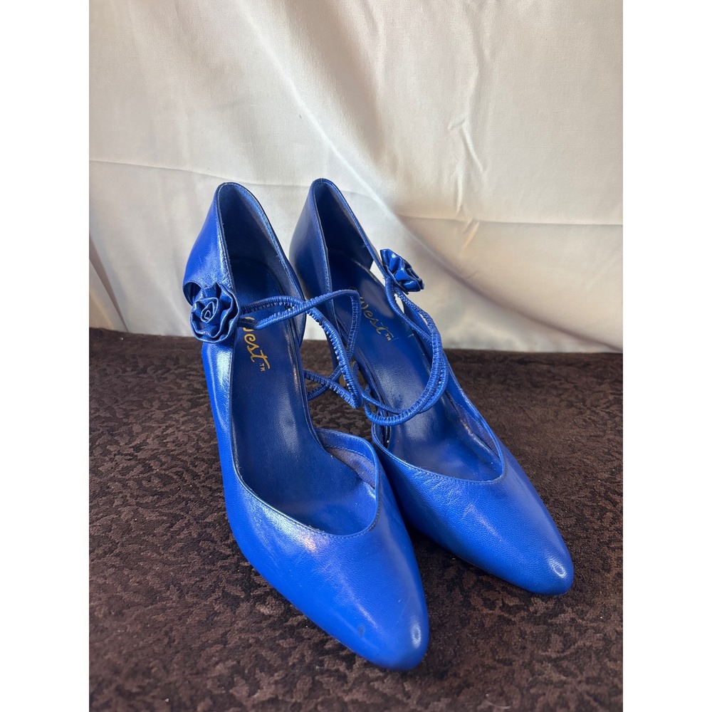 Nine West Vintage Cobalt Blue Leather Rosette Strappy Pumps Heels 8M Brazil
